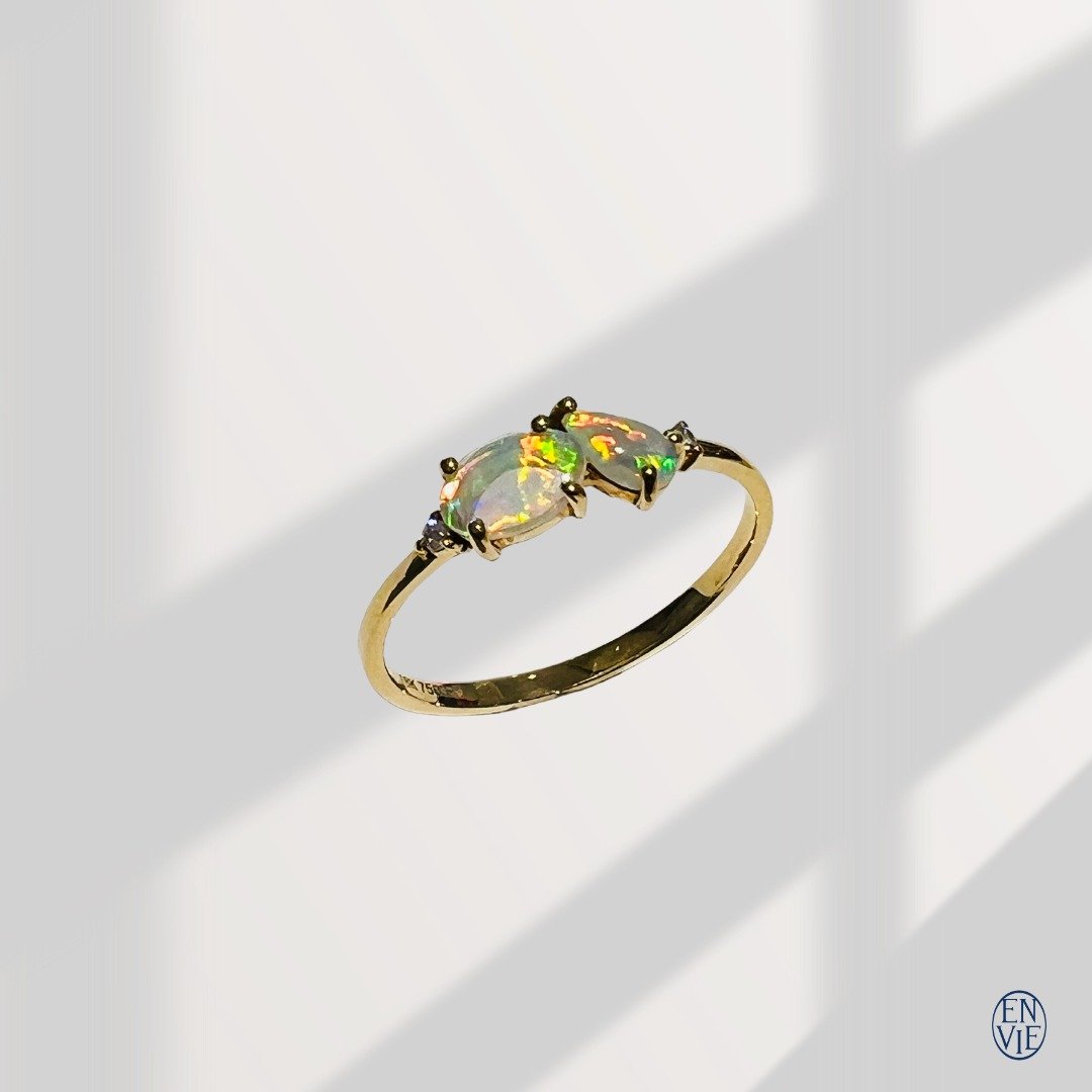 18K 澳洲蛋白石戒指 18K Australian Opal Diamond Ring - 戒指 - 贵金属 