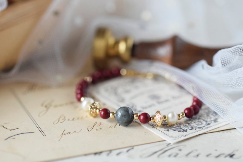 如云。珠砂 乌鸡种翡翠 淡水珍珠 14KGP 天然石水晶 手链 - 手链/手环 - 水晶 红色