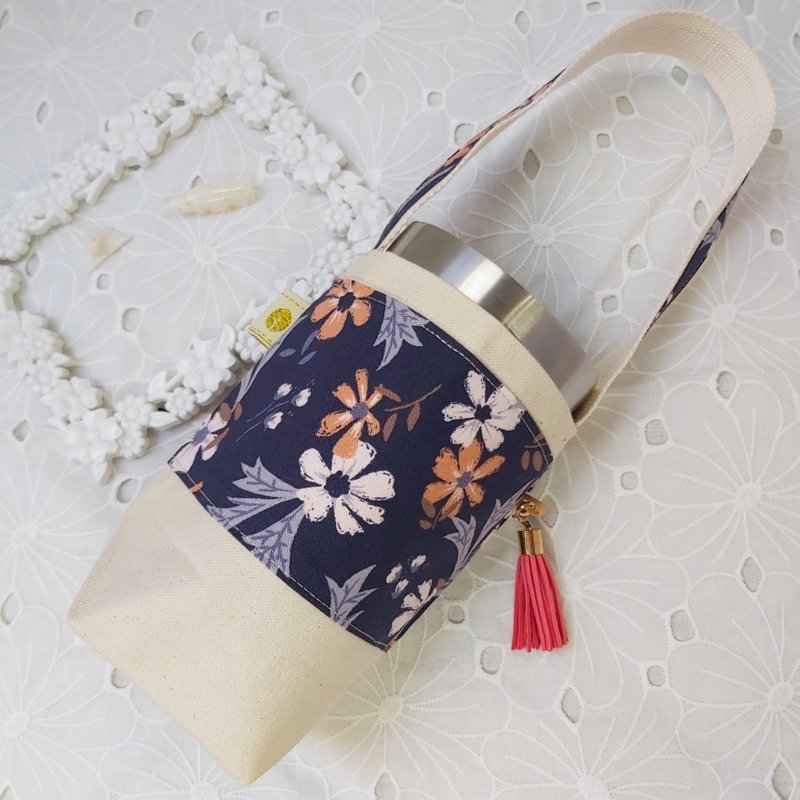 流苏甩甩自然风花花韩国棉布冰霸杯套/杯袋 - 随行杯提袋/水壶袋 - 棉．麻 蓝色