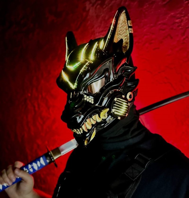 赛博朋克狐面具 黑色与金箔 智能 RGB 灯效  未来风狼面具 - 其他 - 树脂 黑色