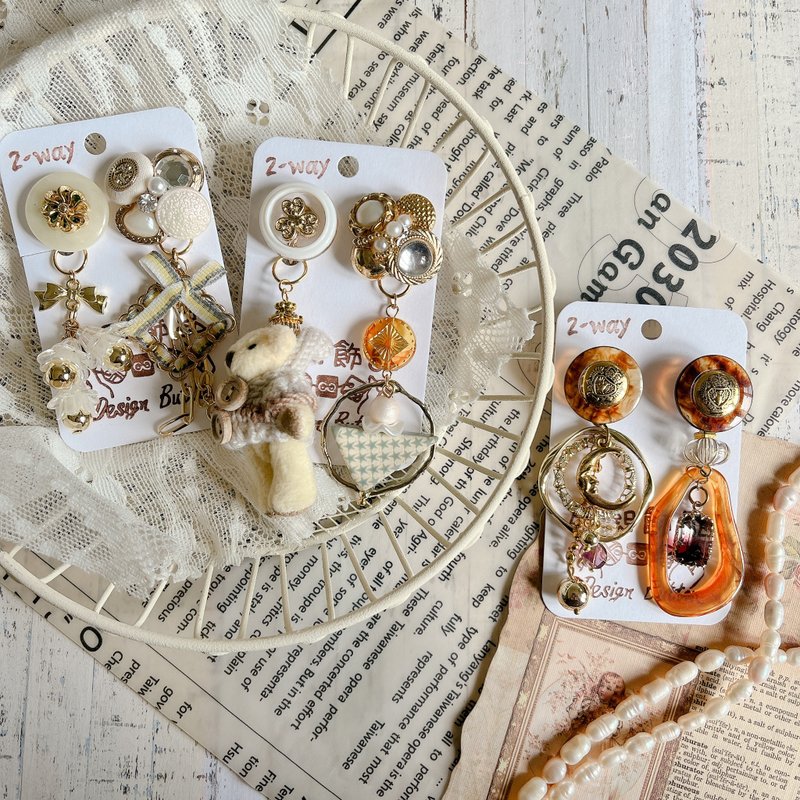 wow Handmade 午茶时光的古董诗篇/2way 拆戴设计耳夹/耳针 - 耳环/耳夹 - 其他材质 