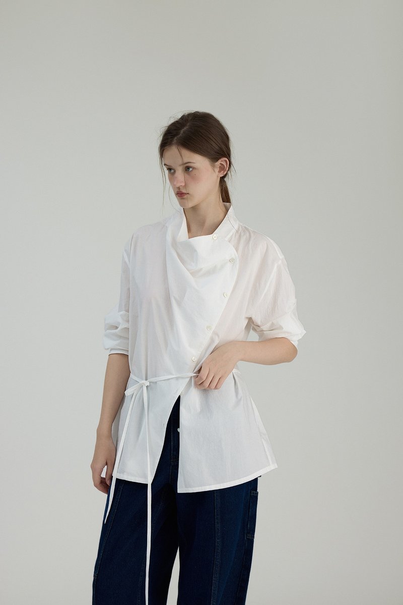 北欧夏季氛围 不对称荡领轻薄衬衫 - 女装衬衫 - 其他材质 白色
