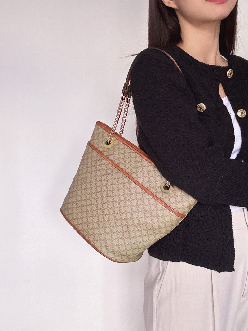 中古正品Celine Macadam 浅棕老花水桶包腋下包 肩背包 轻巧 - 侧背包/斜挎包 - 真皮 咖啡色