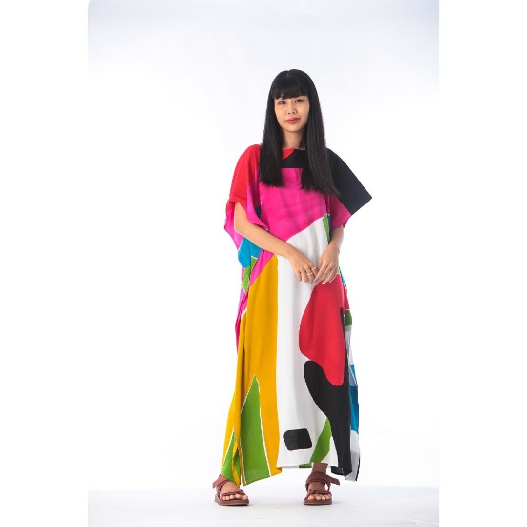 Hand Painted Cotton Silk Kaftan for Summer Resort Vacation F - 洋装/连衣裙 - 棉．麻 粉红色