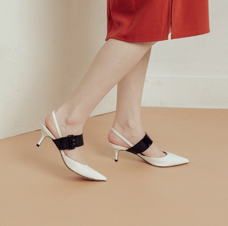 宽带扣环 复古小低跟真皮凉鞋 黑白 - 男女凉鞋 - 真皮 白色