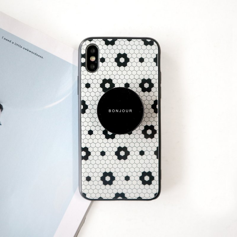 黑白小花地砖玻璃泡芙支架手机壳 - 手机壳/手机套 - 玻璃 黑色