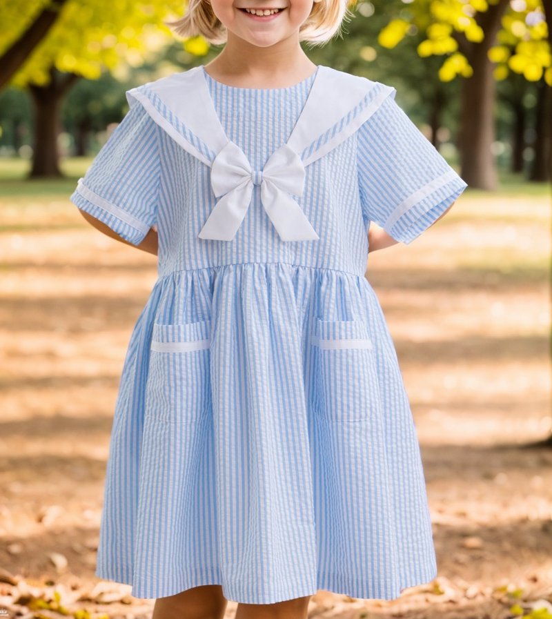 女童蓝色条纹水手服领手作洋装姐弟装 - 童装裙 - 棉．麻 蓝色