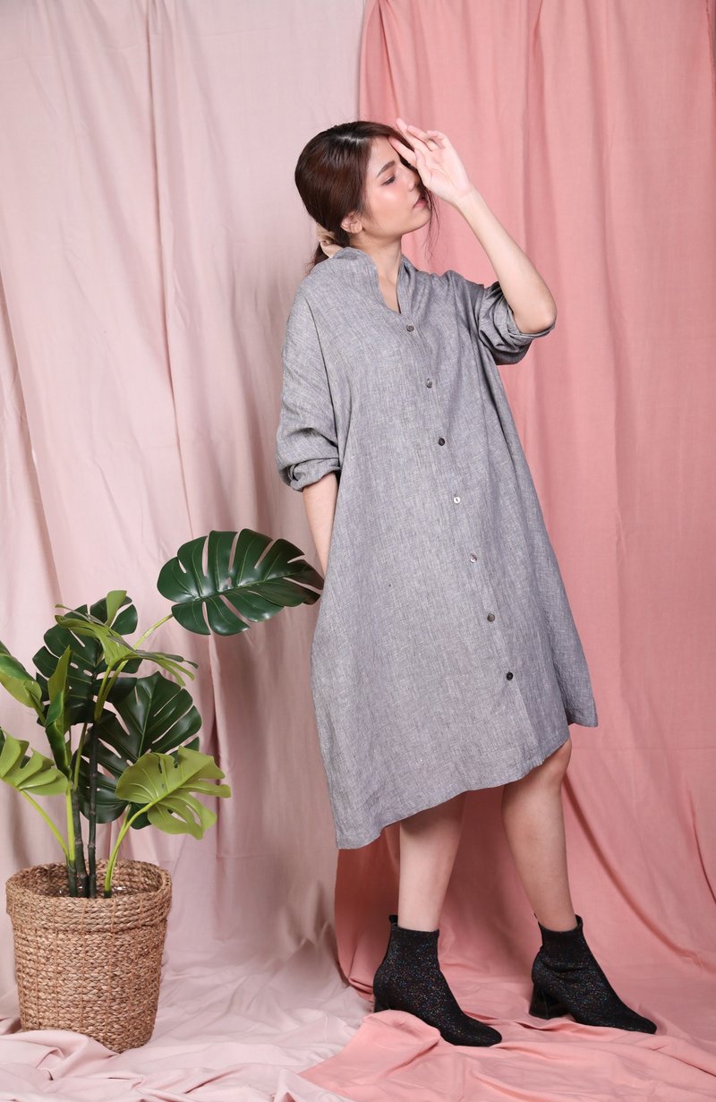 外套 亚麻麻天然麻-灰蓝色 - 洋装/连衣裙 - 亚麻 灰色