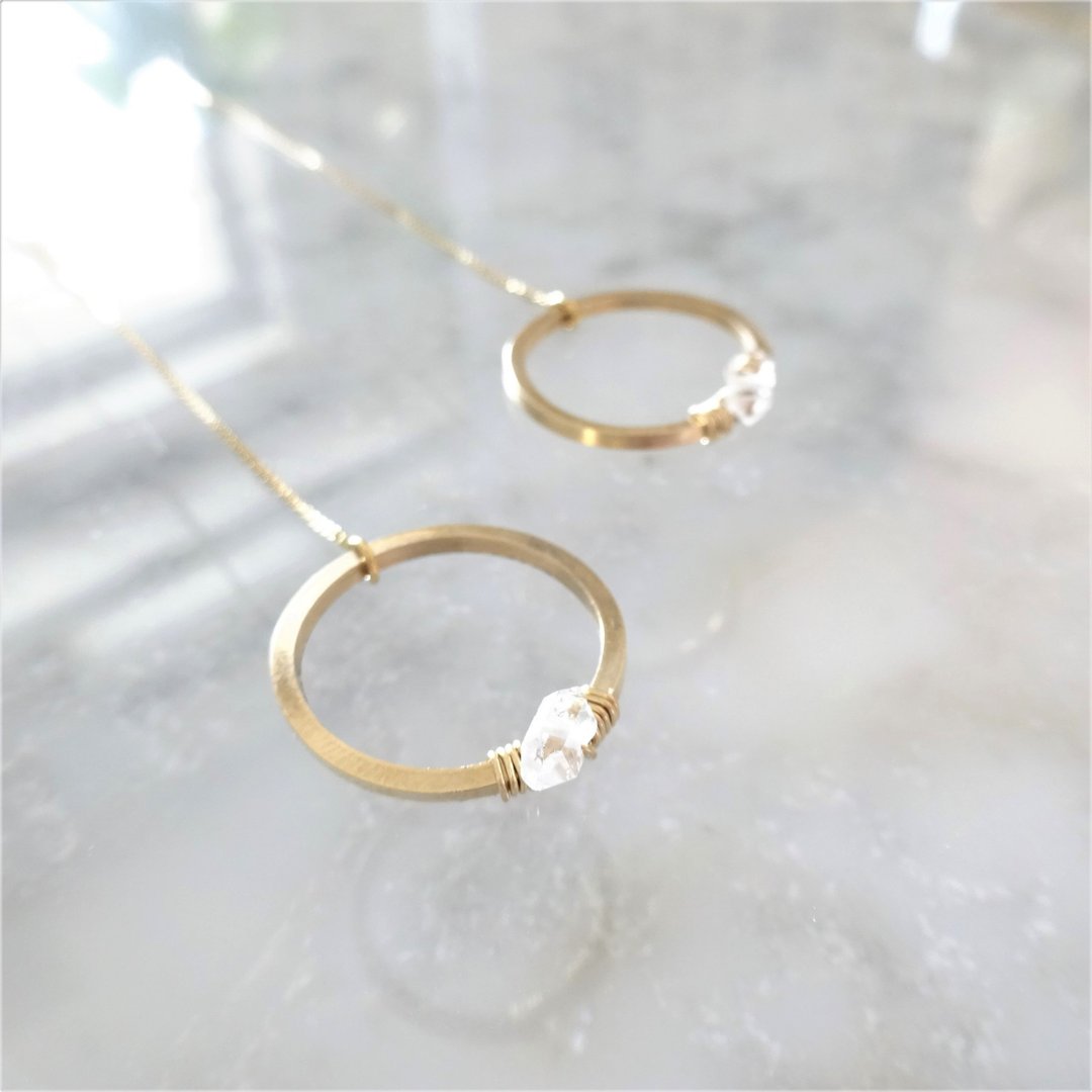 14kgf*Herkimerdiamond CIRCLE American pierced earring - 耳环/耳夹 - 宝石 透明