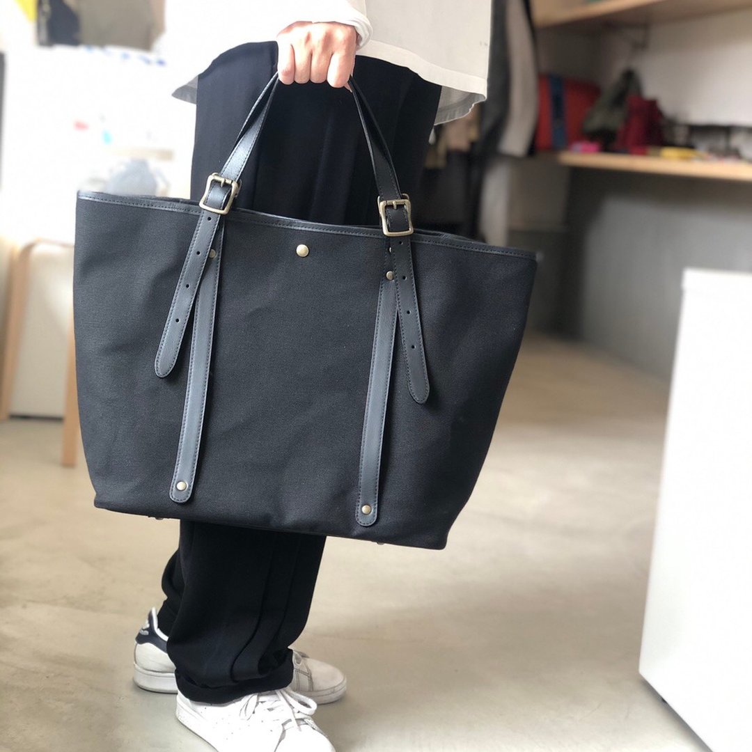 2way length adjustment 2 pieces pasted cowhide handle and No. 6 canvas tote bag [Black] - 手提包/手提袋 - 棉 黑色