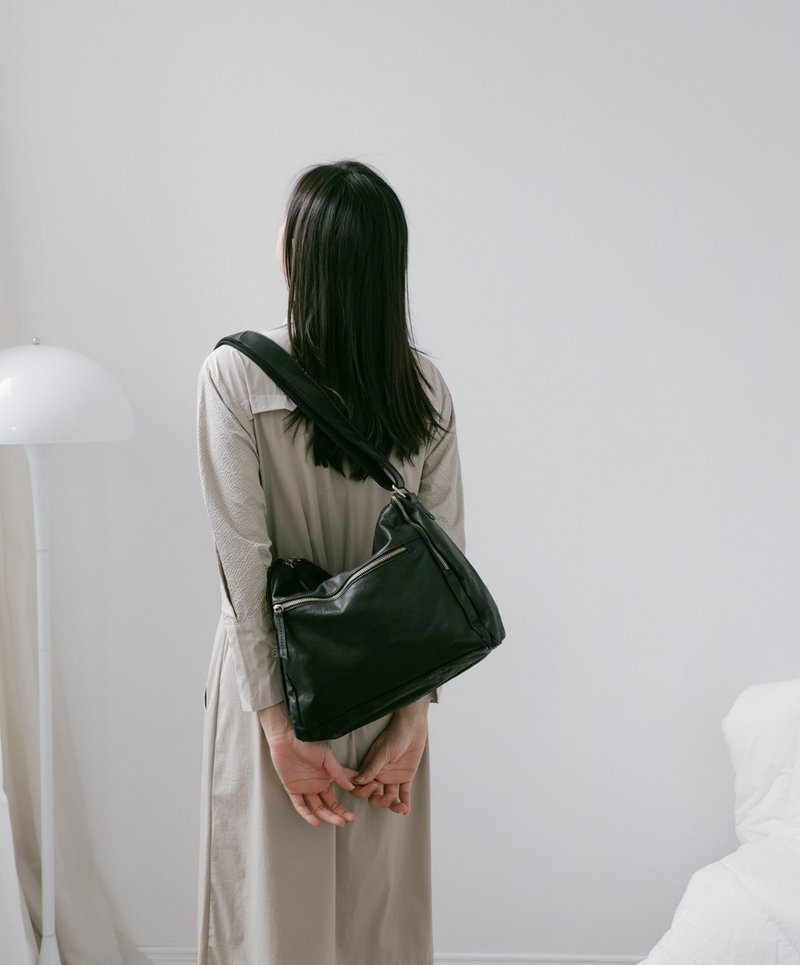 supportingrole多层口袋容量拉链百搭轻量真皮肩斜背包 黑 - 侧背包/斜挎包 - 真皮 黑色