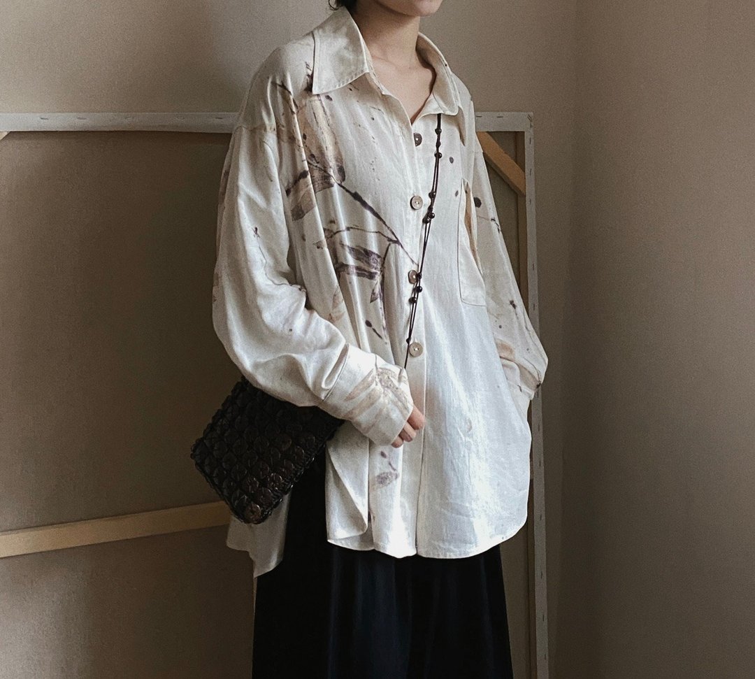 新中式复古 / 寬鬆衬衫 / 竹叶印染 - 女装衬衫 - 其他材质 白色