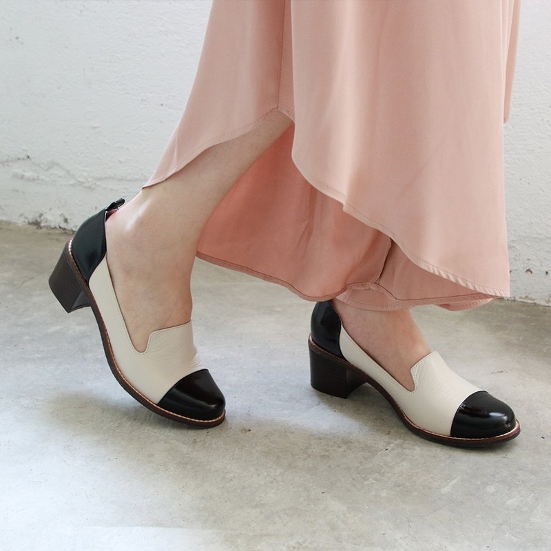 安定感拼接粗跟欧贝拉 / 米白x黑 / 手工订制 /P2-18810L - 高跟鞋 - 真皮 