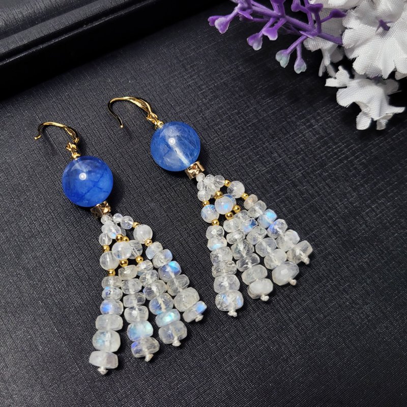 天然 顶级 玉化 蓝晶石 蓝月光石 流苏 招财 富贵 事业 耳环 单品 - 耳环/耳夹 - 宝石 蓝色