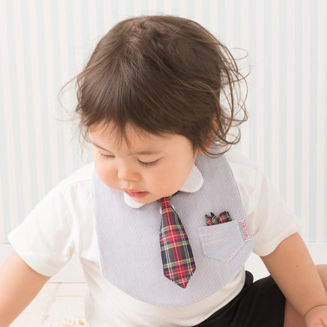 bib-bab Baby Bib Formal Type Gray (Red Blue Tartan Tie) - 围嘴/口水巾 - 棉 灰色