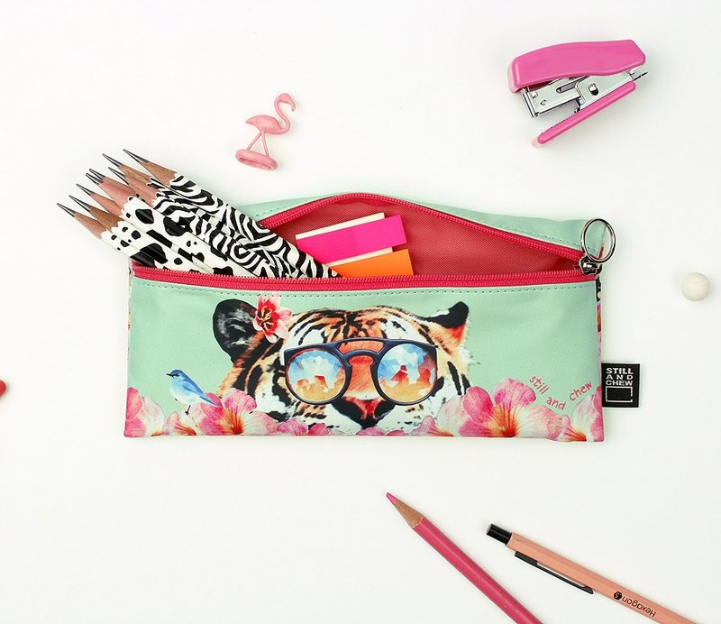 STILL AND CHEW 时尚动物铅笔盒 /笔袋 - TIGER OVER FLOWER - 铅笔盒/笔袋 - 其他材质 绿色