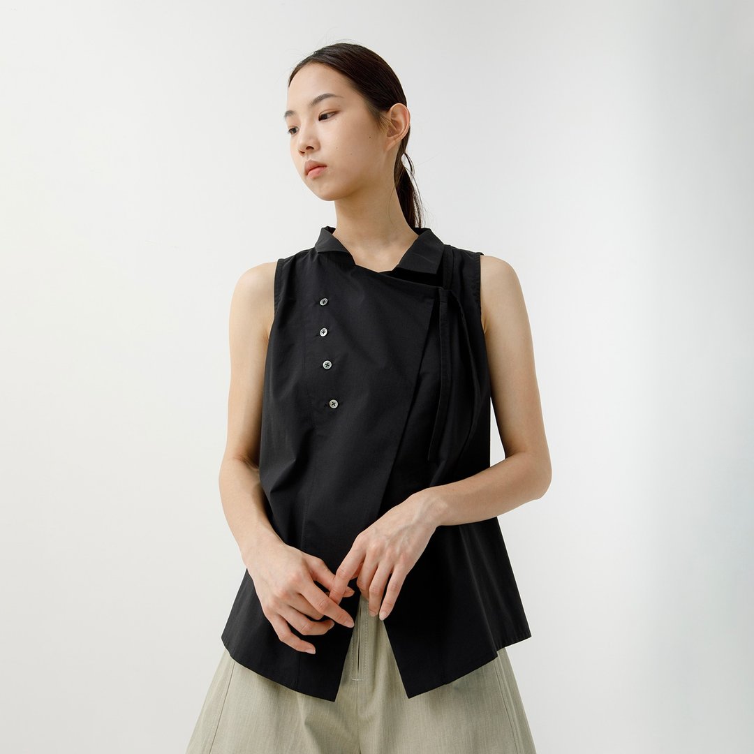 绑带斜扣无袖衬衫 - 女装衬衫 - 棉 黑色