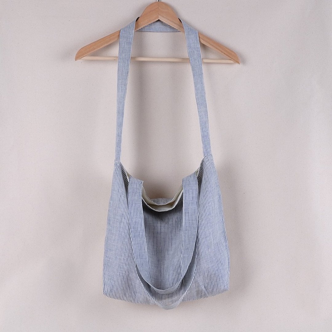 Navy Blue Striped Linen Tote Bag - 侧背包/斜挎包 - 棉 蓝色