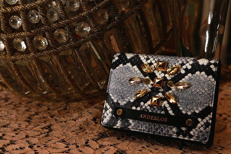 宝石 蛇纹 真皮 卡片夹 短夹 - 皮夹/钱包 - 真皮 黑色