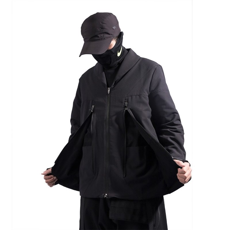 机能西服外套 翻领夹克 休闲战术防泼水多口袋拉链外穿 - 男装外套 - 聚酯纤维 黑色