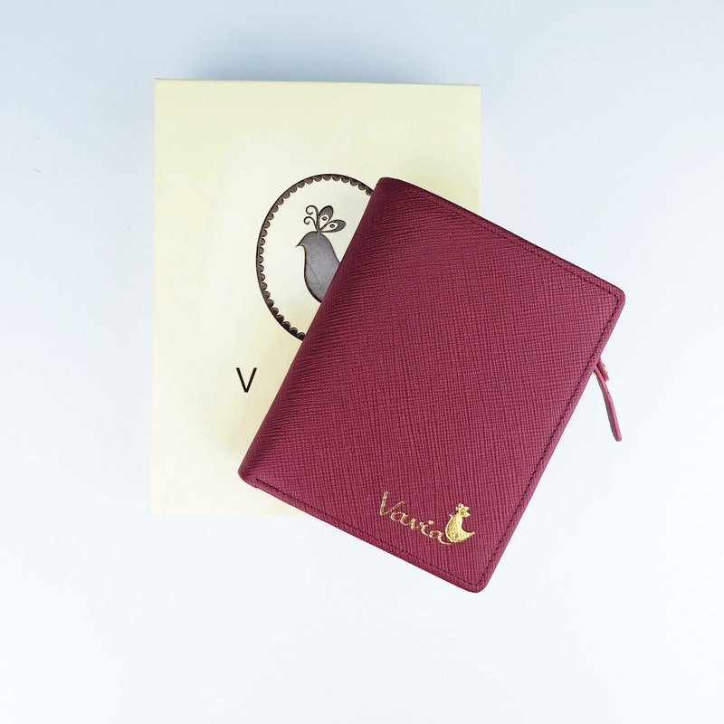 " Burgundy Red " Pocket Book Short Wallet / Cow Leather - 皮夹/钱包 - 真皮 红色