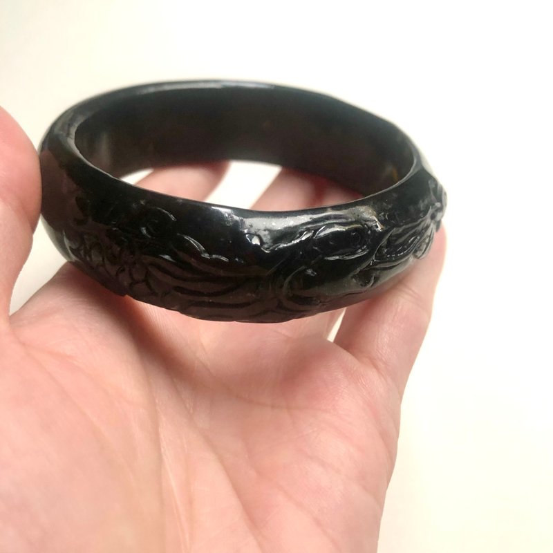 龙凤玉镯(老件)墨玉手镯/圈口58、59、60/平安镯/送礼/长辈/转运 - 手链/手环 - 玉石 黑色