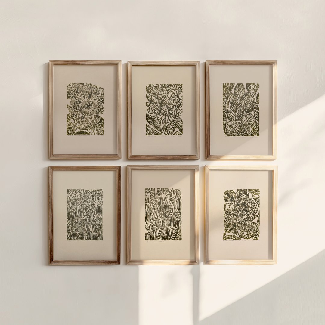 复古紫锥菊、郁金香、牡丹、鸢尾花、玉兰花、茉莉花 凸版印刷版画组 (共 6 件) - 墙贴/壁贴 - 纸 绿色