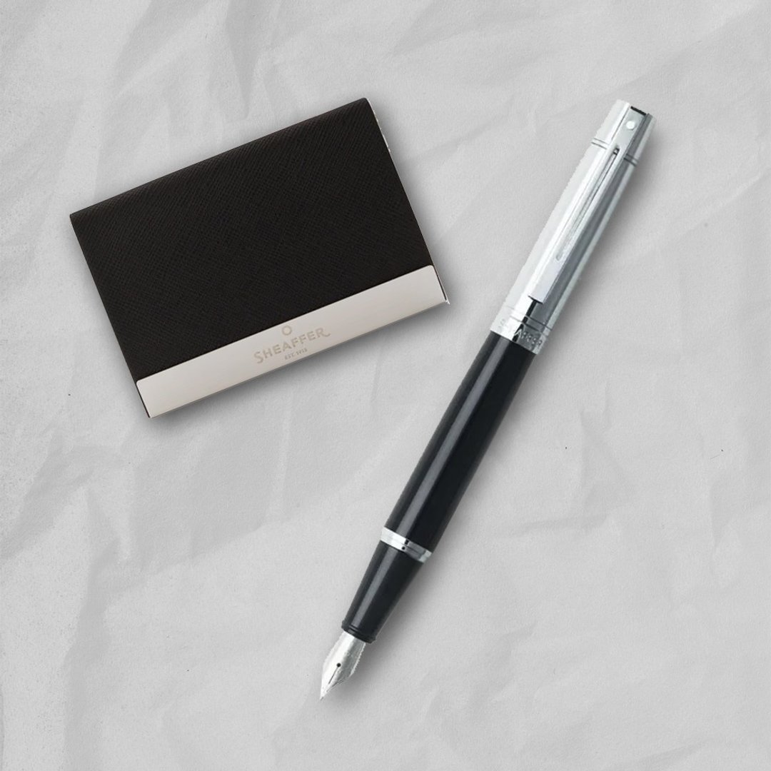 【SHEAFFER】300 系列黑杆银盖钢笔-F 尖 + 商务名片盒 免费刻字 - 钢笔 - 其他金属 黑色