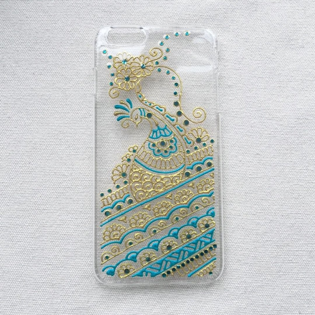 手绘透明手机壳 手机套 金色 蓝绿色 iPhone 7 6s Samsung Galaxy Sony LG Case Henna Mandala 汉娜 蔓蒂 曼陀罗 禅绕 民族 印度彩绘 - 手机壳/手机套 - 塑料 金色