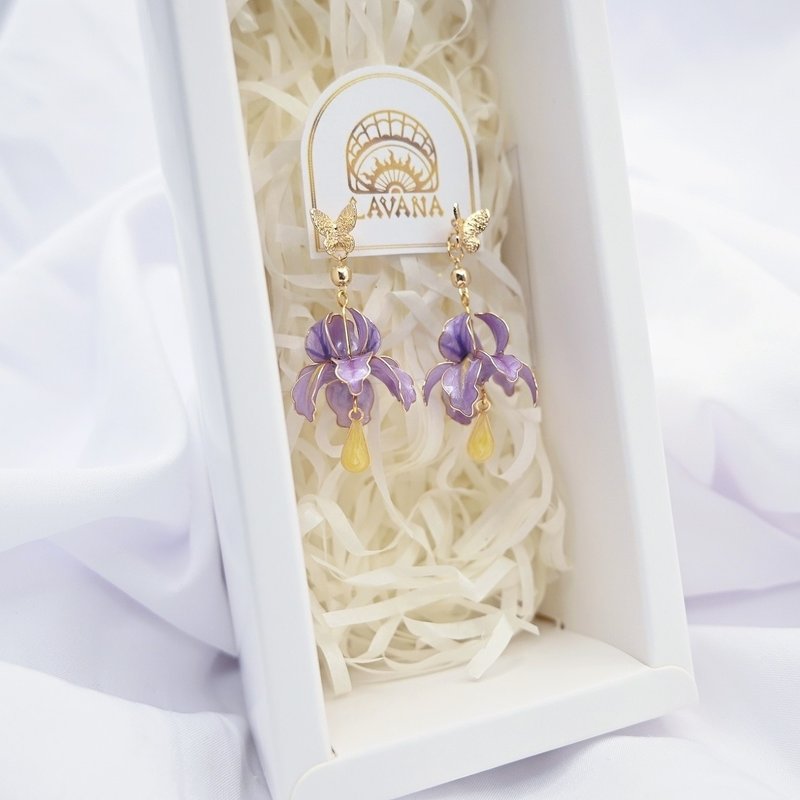 美人鱼系列-粉紫鸢尾花 - 耳环/耳夹 - 树脂 紫色