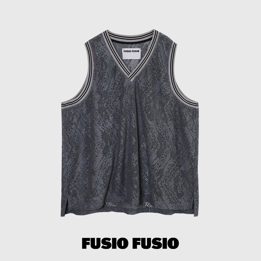 FUSUIO FUSIO台湾设计师品牌川流镂空蕾丝篮球背心 - 男装上衣/T 恤 - 聚酯纤维 灰色