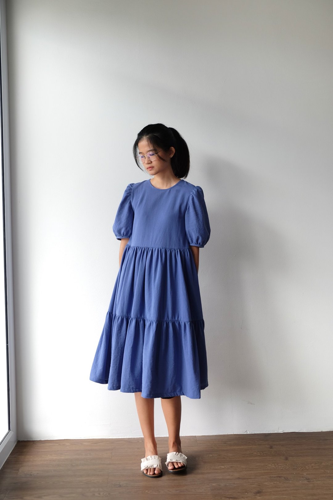 Customized.Ruffled layers cotton dress. Natural pure cotton dress. Wood button d - 洋装/连衣裙 - 棉 蓝色