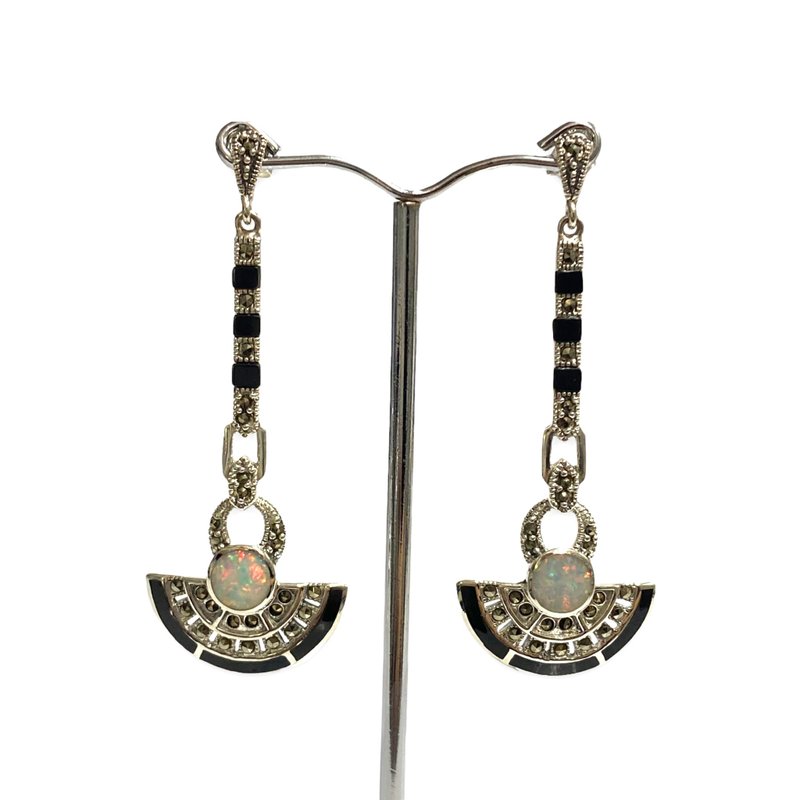 Egyptian Wallace Simpson Onyx & Opal Pendant and Earrings 925 Sterling Silver - 耳环/耳夹 - 纯银 银色