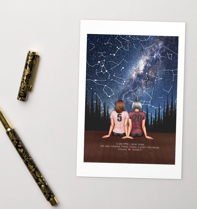 定制化生日当天的真实星空夜晚母亲与我背影肖像似颜绘卡片明信片 - 卡片/明信片 - 纸 蓝色