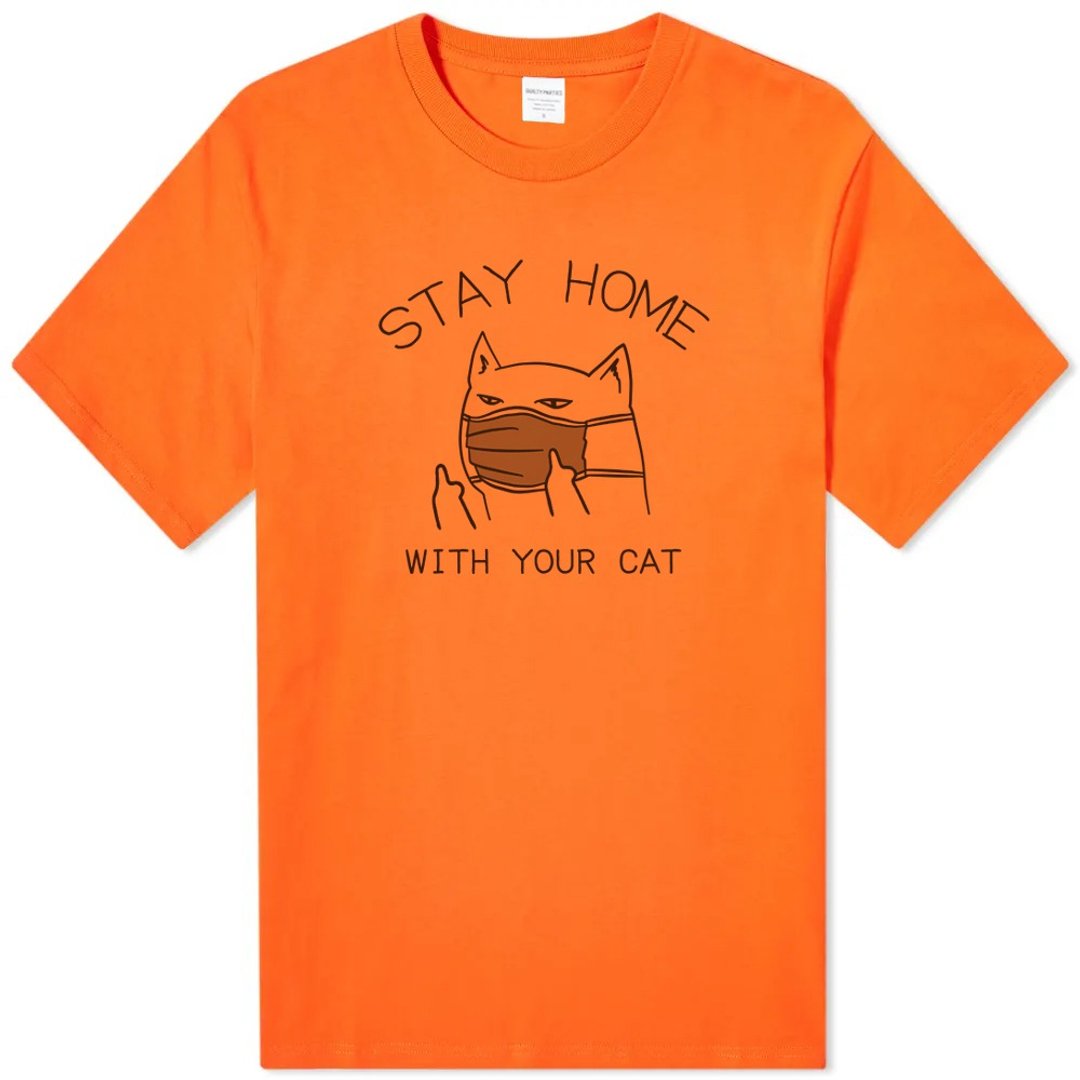 STAY HOME WITH YOUR CAT 中性短袖T恤 橘色 跟你的猫咪待在家里 - 女装 T 恤 - 棉 橘色