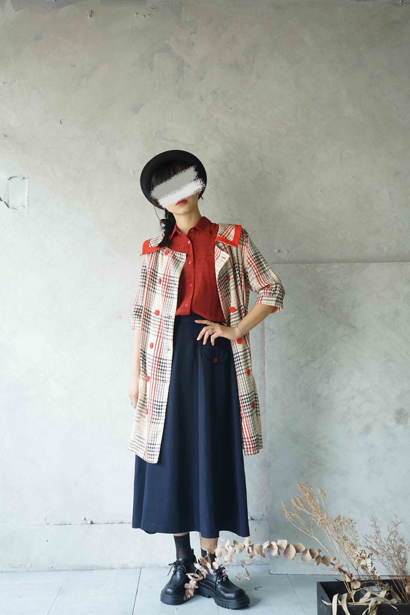 寻宝古着-复古学院风红色系格纹翻领澎袖外套洋装 - 女装休闲/机能外套 - 聚酯纤维 红色