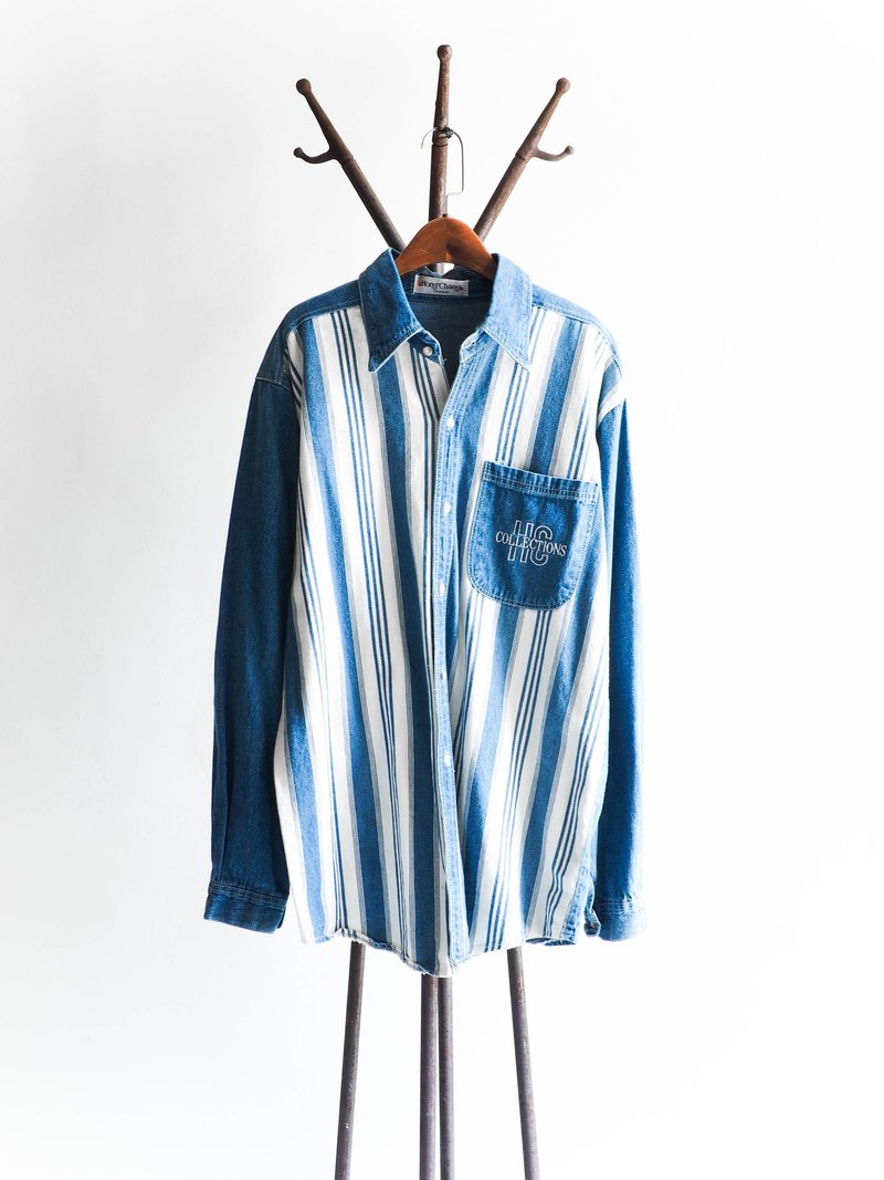 河水山 - 熊本青涩游乐园郊游趣 薄磅丹宁古董衬衫外套 古着 中性 shirt oversize vintage denim - 女装衬衫 - 棉．麻 蓝色