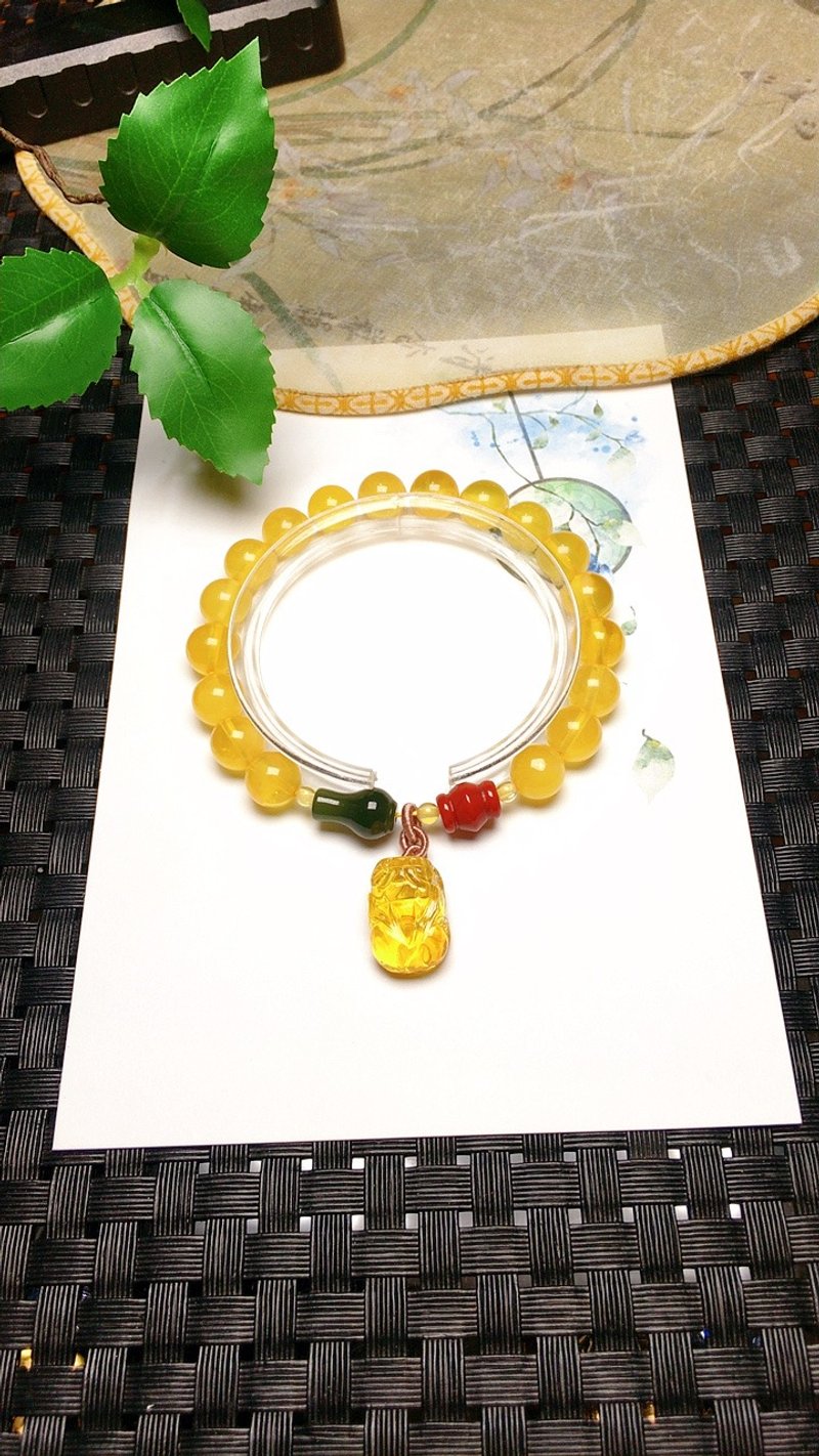 原创手工定制天然蜜蜡手链搭天然琥珀貔貅 - 手链/手环 - 水晶 