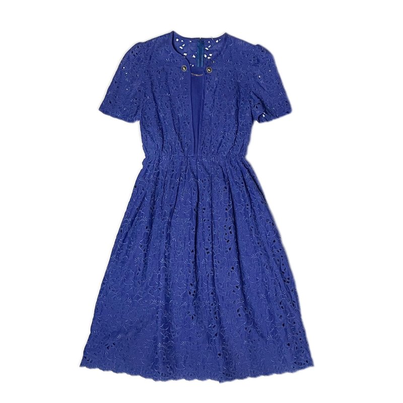 古着日本湛蓝底镂空雕花单色洋装 - 洋装/连衣裙 - 其他材质 多色