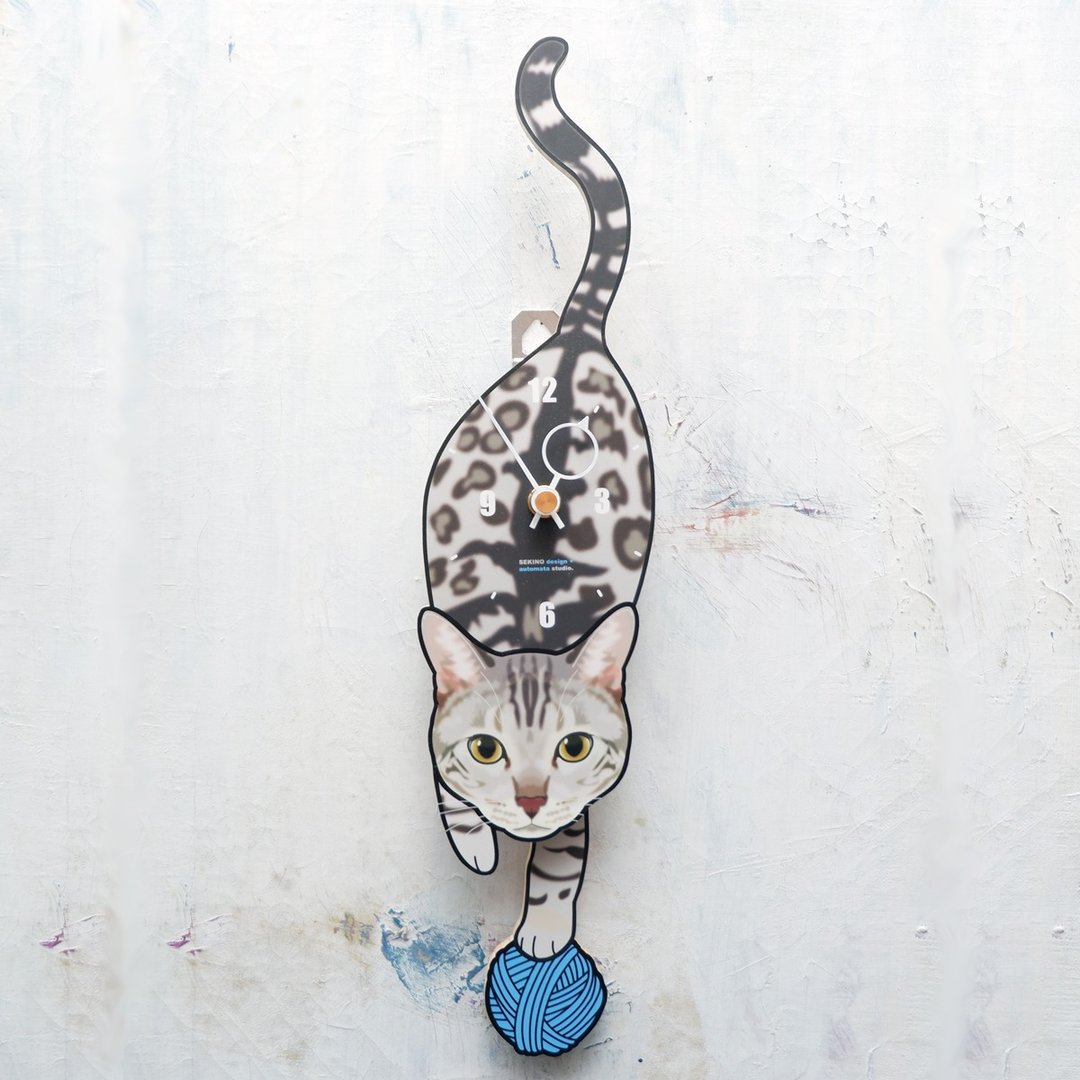 C-96 银色孟加拉猫 - 动物造型钟摆钟 - 时钟/闹钟 - 木头 白色