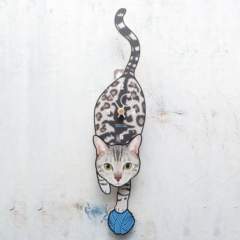 C-96 银色孟加拉猫 - 动物造型钟摆钟 - 时钟/闹钟 - 木头 白色