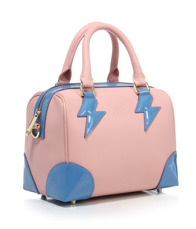 MIN 头层牛皮拼接闪电保龄球包 - 手提包/手提袋 - 真皮 粉红色