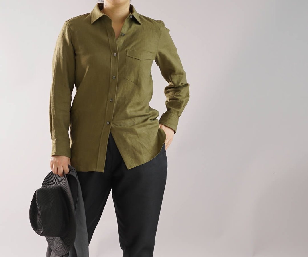 wafu   linen shirt  / long sleeve / oversize / linen blouse / tops /olive b32-14 - 女装衬衫 - 棉．麻 绿色