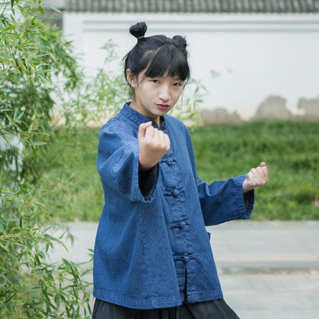 中华风 搞怪盘扣牛仔外套 卡通猴头刺绣寬鬆上衣 无性别穿搭 - 女装上衣 - 其他材质 蓝色