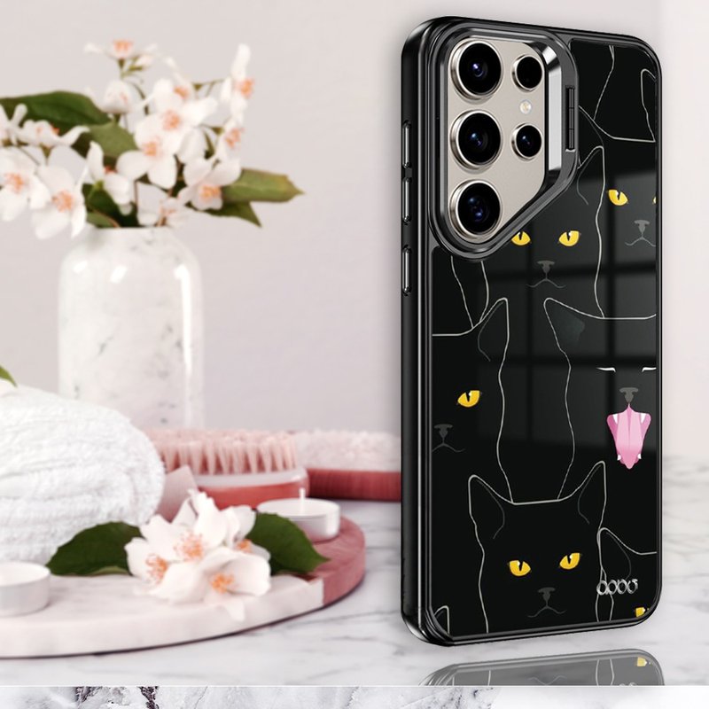 Samsung S25/S24/S23系列军规防摔合金框隐形立架手机壳-慵懒黑猫 - 手机壳/手机套 - 其他材质 多色