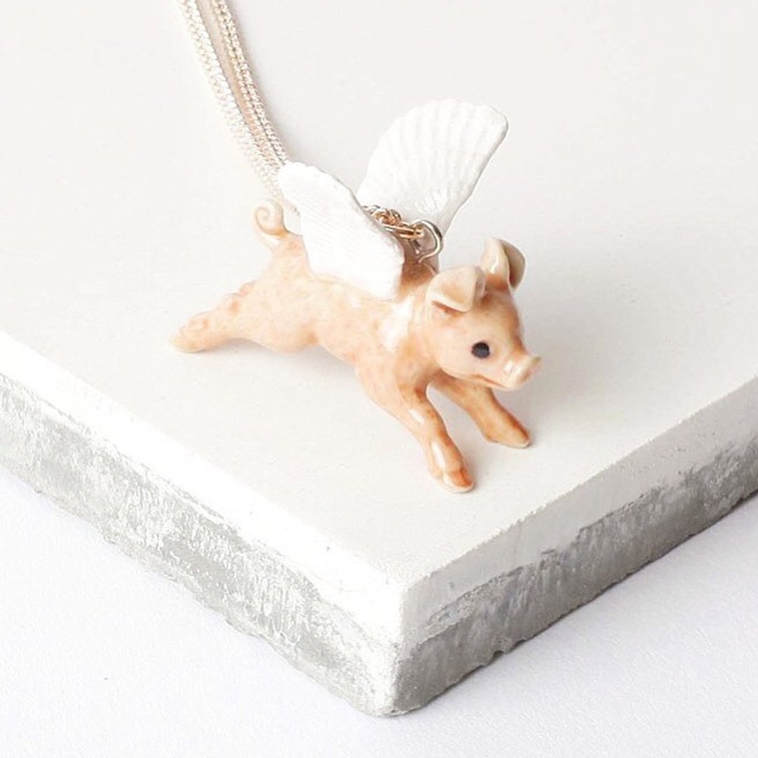 AndMary手绘瓷项链-飞天小猪 Flying Pig Necklace - 项链 - 瓷 粉红色