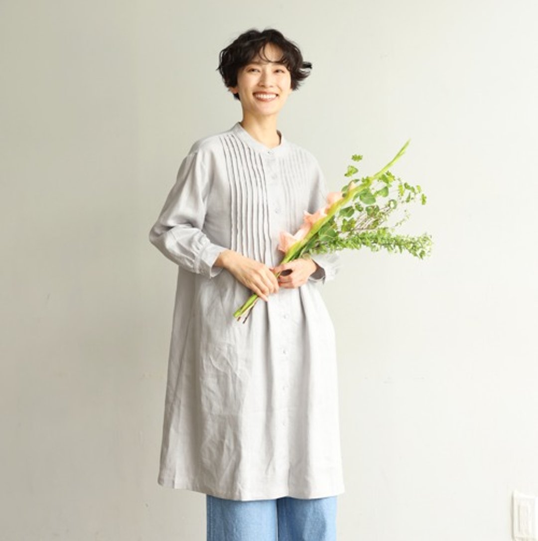 四季百搭 纯亚麻细褶衬衫连衣裙 浅灰色 240318-1 - 洋装/连衣裙 - 亚麻 银色