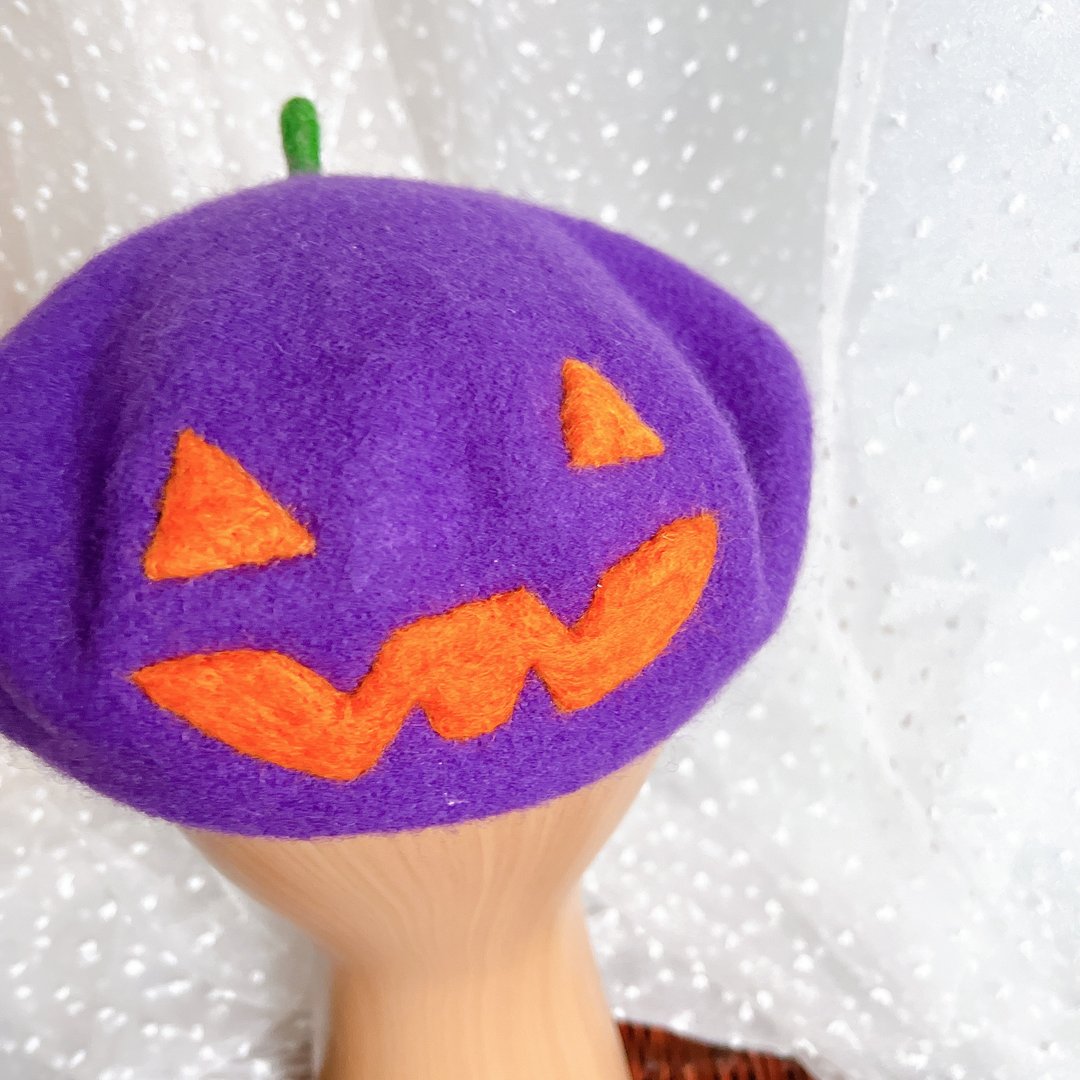 Wool felt  beret  halloween Collection - purple  pumpkin - 帽子 - 羊毛 紫色