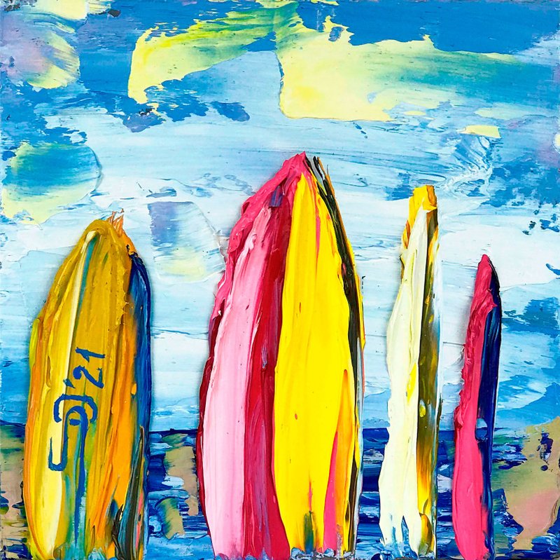 Surfboard Painting Malibu Beach Oil Original Art Seascape Wall Art Surf Artwork - 海报/装饰画/版画 - 其他材质 多色
