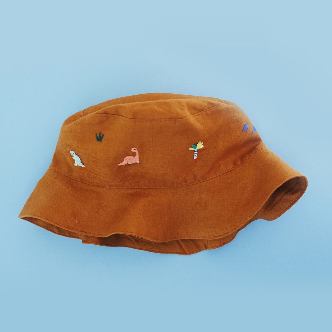 DINOSAUR ROAR - Linen Bucket Hat - 帽子 - 棉 咖啡色